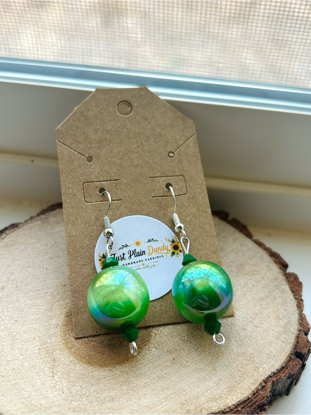 Green Iridescent Pearl Dangle Earrings Handmade Green Beaded Earrings